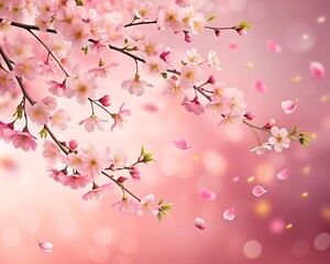 Fototapeta premium Beautiful cherry blossom branch on pink background. Cherry petals are falling.