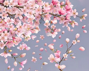 Beautiful cherry blossom branch on blue background. Cherry petals are falling.
