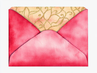 Fototapeta premium Red envelope with elegant gold patterns, watercolor style