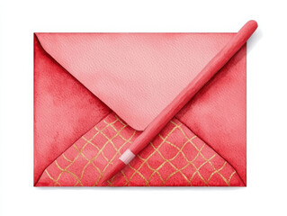 Fototapeta premium Red envelope with gold patterns and pencil illustration