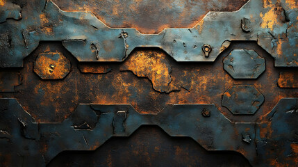 Textured metallic surface with rust and patina, featuring geometric shapes and patterns.