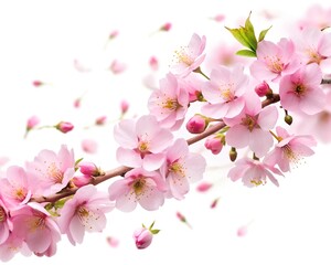 Obraz premium Beautiful cherry blossom branch on white background Flat space for text. Cherry petals are falling.