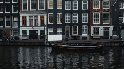 Naklejka premium Boat floats on water by colorful row houses in overcast city.