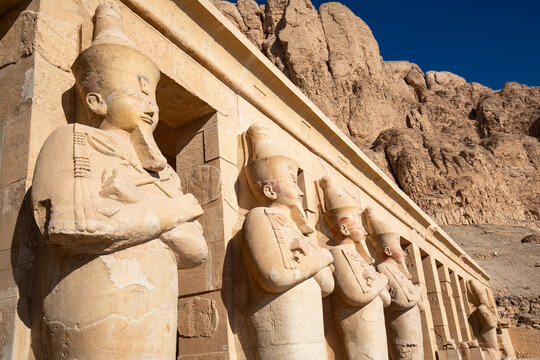 Osiris pillar in the mortuary temple of Hatshepsut in the necropolis Deir el-Bahari of Thebes, Egypt, Luxor