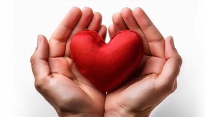 Hands holding red heart, showing symbol of love, human support to patient, promoting medical insurance, early checkup for healthcare, cardiologist help. Close up of object