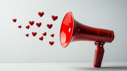 red megaphone with red little Valentine heart floating in the air on white background, concept