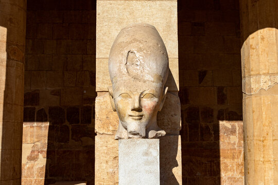 Osiris pillar in the mortuary temple of Hatshepsut in the necropolis Deir el-Bahari of Thebes, Egypt, Luxor