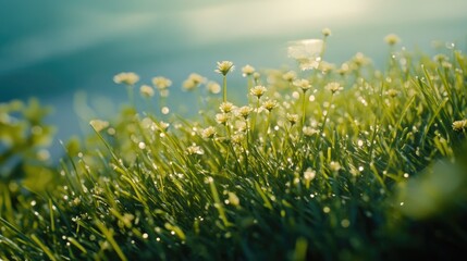 Fototapeta premium Dewy Grass with Small Flowers Illuminated by Morning Light