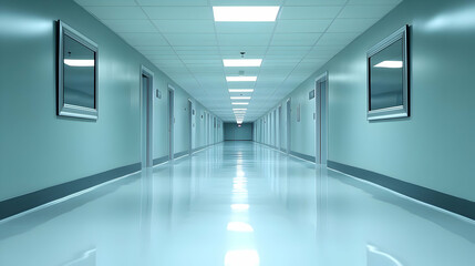 Illustration - Long Empty Corridor with Doors and Lights