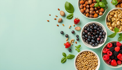 Tasty homemade granola bars and berries on light green table, top view. Banner design with space for text