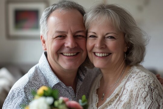 portrait of senior couple smiling and holding flowers