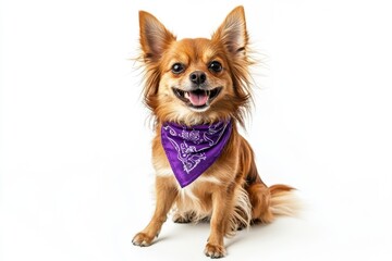 Obraz premium A small dog wearing a purple bandana is sitting on a white background