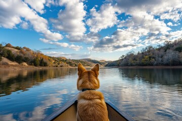 A dog is sitting in a canoe on a lake