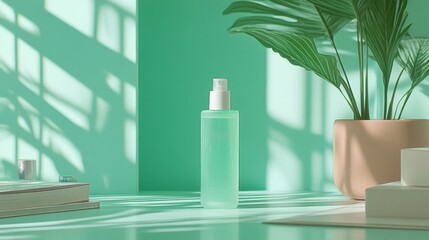 A Green Toner Bottle With Plant And Shadows
