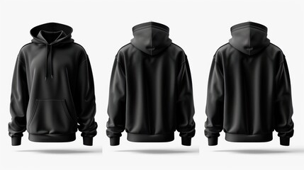 Black hoodie views, front, back, and perspective.