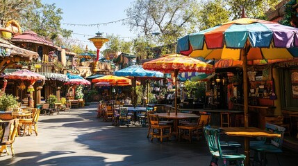 Colorful Outdoor Dining Space with Umbrellas and Rustic Decor