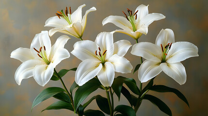 Naklejka premium Photo, White Lilies, Blossom, Bloom, Floral, Bouquet, Petals, Nature, Elegance, Purity, Green Leaves