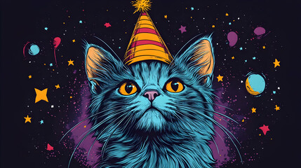 Illustration - Cosmic Party Cat, Stars, Balloons, and Festive Hat