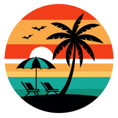 Circular Beach Scene with Flying Birds, Lounge Chairs, and a Warm Sunset 