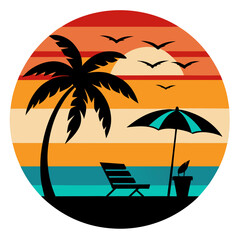Circular Beach Scene with Flying Birds, Lounge Chairs, and a Warm Sunset 