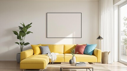 Minimalist home interior design of modern living room with a yellow sofa adorned with colorful cushions, wooden coffee table and minimalistic decor, bathed in natural light.