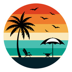 Circular Beach Scene with Flying Birds, Lounge Chairs, and a Warm Sunset 