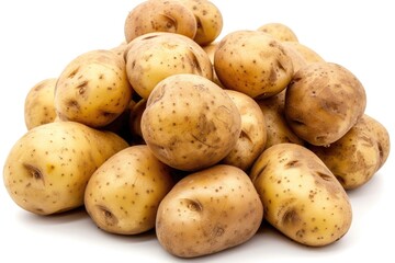 Close up shot of a bunch of potatoes on white background.
