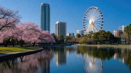 Naklejka premium Serene Park Scene with Cherry Blossoms and Ferris Wheel Reflection