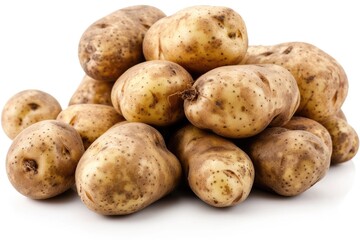 Close up shot of a bunch of potatoes on white background.