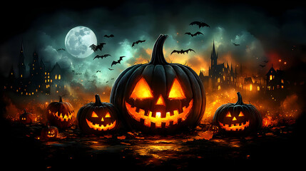 Fototapeta premium Illustration Spooky Halloween Night Pumpkins Bats Castle Moon Background