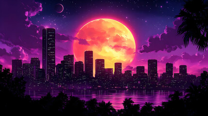 Illustration of Cityscape at Night with Orange Moon