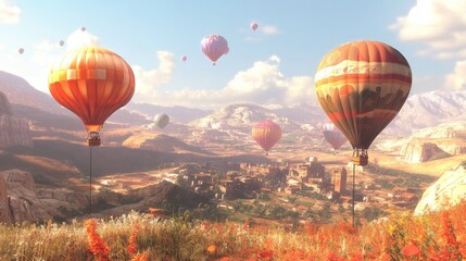 Fototapeta premium Colorful Hot Air Balloons Floating Over Scenic Mountain Landscape