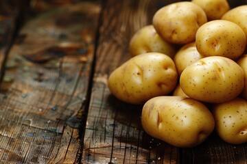Close up of potatoes on wooden background.