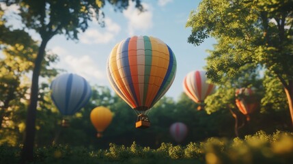 Fototapeta premium Colorful Hot Air Balloons Floating Over Lush Green Forest Landscape