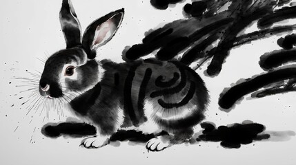 水墨画　一羽のウサギ