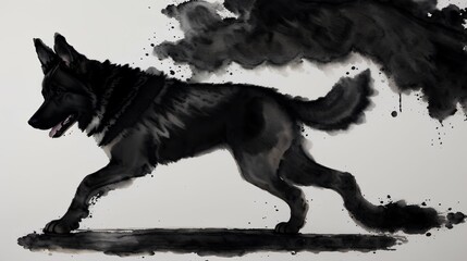 水墨画　シェパード