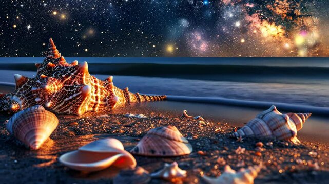 A Stunning View of Seashells on a Tranquil Beach Under a Starry Night Sky With Distant Galaxies During Twilight