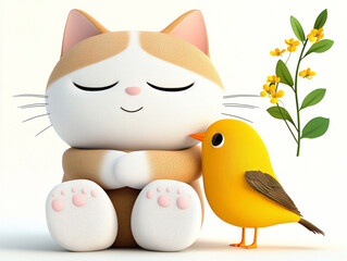 Obraz premium Cute cartoon cat and bird friendship with flowers illustration