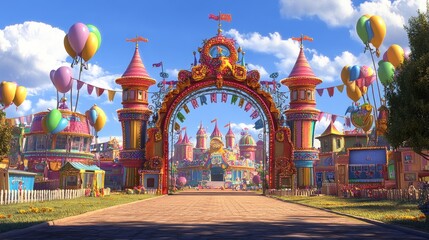 Fototapeta premium Vibrant and Colorful Carnival Entrance with Balloons and Decorations