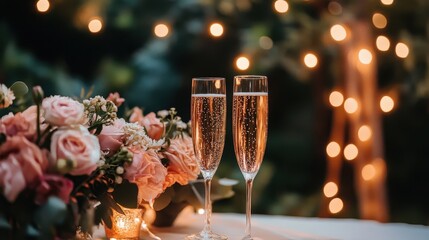 Elegant Garden Dinner Table with Champagne Glasses