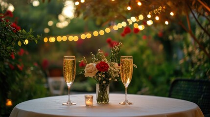 Elegant Garden Dinner Table with Champagne Glasses