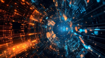 Fototapeta premium Abstract digital tunnel with glowing lines and particles.