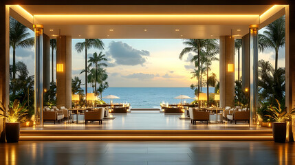 3D Illustration, Luxury Hotel Lobby, Ocean View, Sunset, Tropical