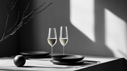 Minimalist Modern Dinner Table Setup in Monochrome