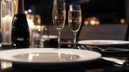 Modern Elegant Dinner Table Setting with Champagne