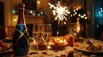 Festive New Year's Dinner Table with Champagne