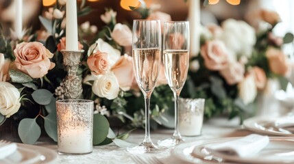 Elegant Romantic Dinner Setup with Champagne and Flowers