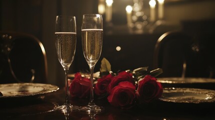 Romantic Dinner Setting with Champagne and Roses