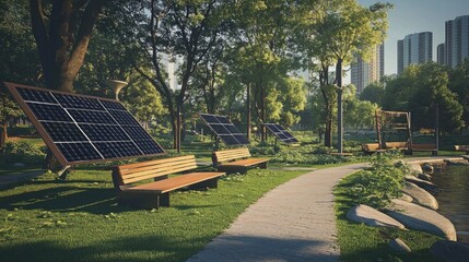 Green Park with Solar Panels and Modern Cityscape in Background