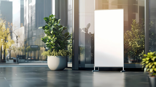 Blank pull-up banner mockup in modern outdoor space with greenery and urban backdrop